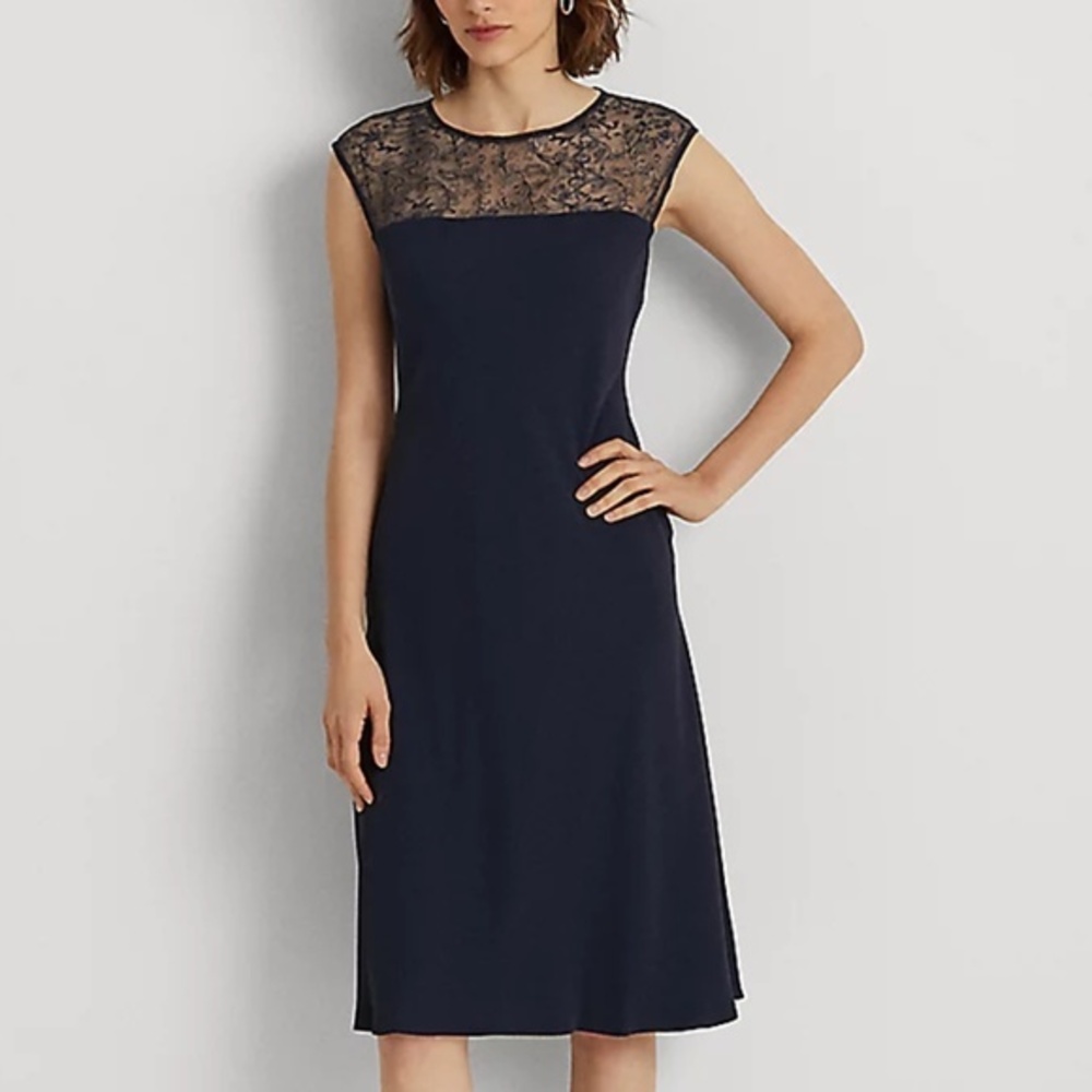 Lauren Ralph Lauren Navy Lace-Yoke Midi Dress